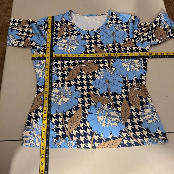 J. Mclaughlin Catalina Cloth‎ Top Womens Large Blue Floral Blouse 3/4 Sleeve Tee - Picture 2 of 13